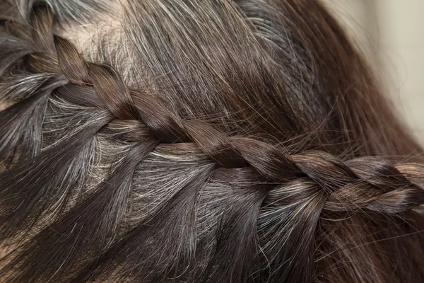 Trança penteado, cinza Brown cabelo longo de perto — Fotografia de Stock