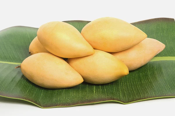 Золоті фрукти манго на банановому листі — стокове фото