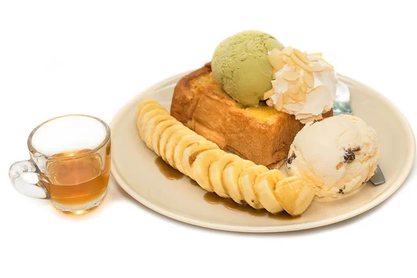 Honey toast with ice cream green tea and banana — Stock Photo, Image