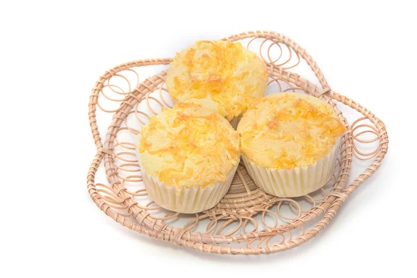 Thailand dessert.Gold egg yolk thread topped on cup cake — Stock Photo, Image