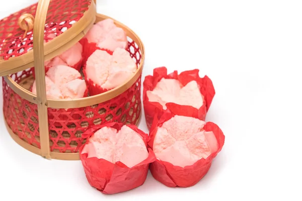 Steamed cupcake with red paper in red basket ,Dessert for chines — Stock Photo, Image