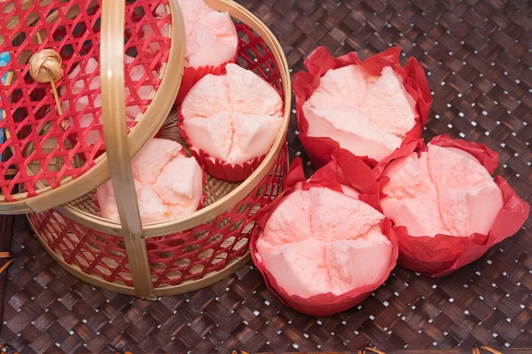 Steamed cupcake with red paper in red basket ,Dessert for chines — Stock Photo, Image