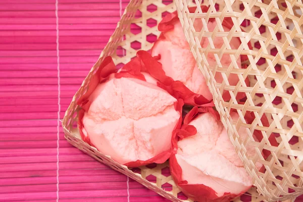 Steamed cupcake with red paper in bamboo basket ,Dessert for chi — Stock Photo, Image