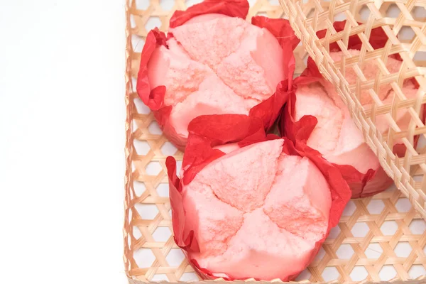 Steamed cupcake with red paper in bamboo basket ,Dessert for chi — Stock Photo, Image