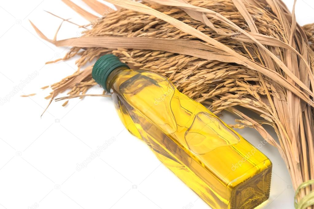 Rice bran oil in bottle glass with rice paddy on white