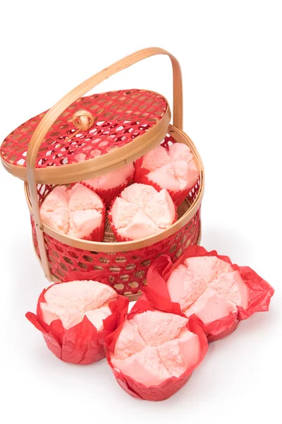 Steamed cupcake with red paper in red basket ,Dessert for chines — Stock Photo, Image