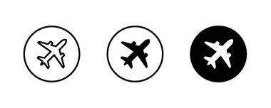 Uçak, uçak, uçak yolculuğu, uçak uçuş ikonları, vektör, işaret, logo, illüstrasyon, düzenlenebilir vuruş, düz tasarım biçimi beyaz çizgisel piktogramda izole edilmiş.
