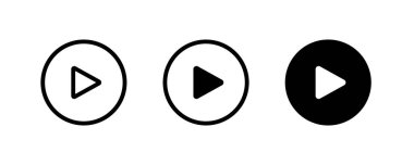 Video simgesi setini oynat. Video oynatıcı düğmesi, vektör, simge işareti, sembol, logo, illüstrasyon, düzenlenebilir vuruş, düz tasarım biçimi beyaz çizgisel piktogramda izole edildi