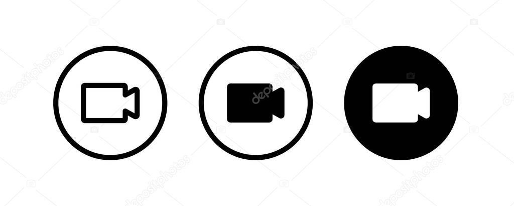 Video camera icon set. Cinema related, Film, Movie, Journalistic, news, media, recorder, Retro, Movies, awards, entertainment, shooting, editing vector sign, linear pictogram isolated on white.