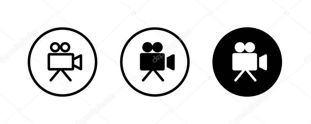 Video camera icon set. Cinema related, Film, Movie, Journalistic, news, media, recorder, Retro, Movies, awards, entertainment, shooting, editing vector sign, linear pictogram isolated on white.