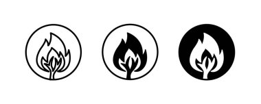 Orman yangını ikonu, ağaçlarla kaplı büyük bir alanda kontrolsüz yangın alevi. Büyük ekosistemlere zarar veriyor. Hava kirliliği simgeleri: düğme, vektör, işaret, sembol, logo, illüstrasyon, düzenlenebilir vuruş.