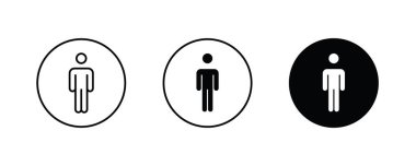 Erkek ikon vektörü. Tüm vücut, ayakta duran adam simgeleri, vektör, işaret, sembol, logo, illüstrasyon, düzenlenebilir vuruş, düz tasarım biçimi beyaz çizgisel piktogramda izole edilmiş.