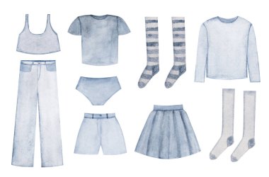 Nesnelerin ve nesnelerin güzel suluboya çizimleri. Yakın çekim, insan yok. Yıkama ve temizleme kavramı.