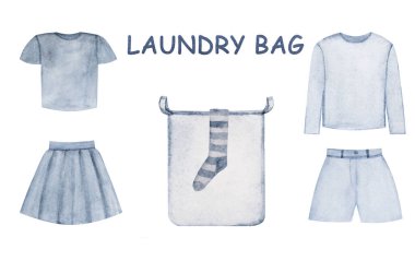 Nesnelerin ve nesnelerin güzel suluboya çizimleri. Yakın çekim, insan yok. Yıkama ve temizleme kavramı.