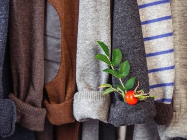 Soyunma odasındaki askılarda sonbahar ve kış giysileri asılı. Kimse yok, yakın plan. Güzellik ve moda kavramı