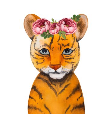 Küçük bir kaplan yavrusunun suluboya çizimi. Tatil için hazırlanıyorum. Yakın plan, insan yok. Sevdikleriniz, akrabalarınız, dostlarınız ve meslektaşlarınız için tebrikler.