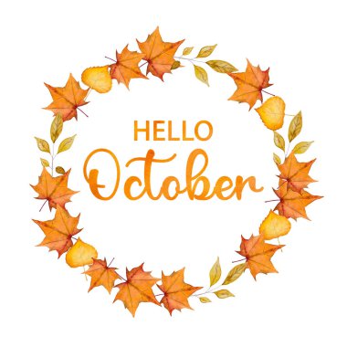 Merhaba October. Merhaba Fall. Merhaba Autumn. Güzel suluboya resim. Yakın çekim, yukarıdan görüş, insan yok. Sevdikleriniz, akrabalarınız, dostlarınız ve meslektaşlarınız için tebrikler.