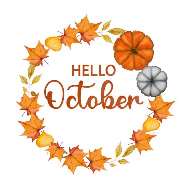 Merhaba October. Merhaba Fall. Merhaba Autumn. Güzel suluboya resim. Yakın çekim, yukarıdan görüş, insan yok. Sevdikleriniz, akrabalarınız, dostlarınız ve meslektaşlarınız için tebrikler.