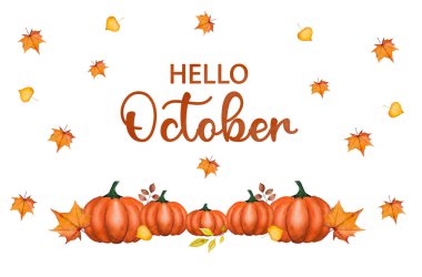 Merhaba October. Merhaba Fall. Merhaba Autumn. Güzel suluboya resim. Yakın çekim, yukarıdan görüş, insan yok. Sevdikleriniz, akrabalarınız, dostlarınız ve meslektaşlarınız için tebrikler.