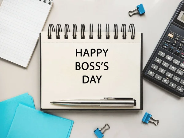 Buon Boss Day Blocco Note Cancelleria Sdraiati Sul Tavolo Primo — Foto Stock