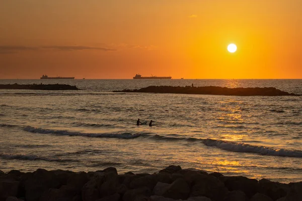 Solnedgång Stranden Medelhavskusten Israel Ashkelon November 2020 — Stockfoto