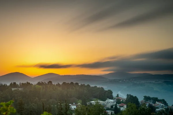 Sonnenaufgang Alot Tarshiha Blick Auf Die Libanesischen Berge Israel April — Stockfoto