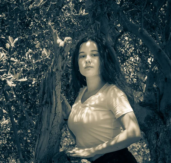 Güneşli bir günde ağaçta poz veren ilginç bir kızın portresi.