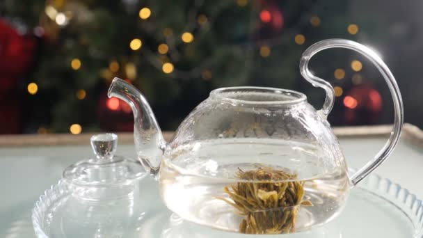Green ceai chinezesc floare muguri înflorind în ceainic de sticlă cu decorațiuni de Crăciun și de Anul Nou în fundal. Ceremonia ceaiului. Minunat proces de înflorire ceai de bere. Full hd — Videoclip de stoc