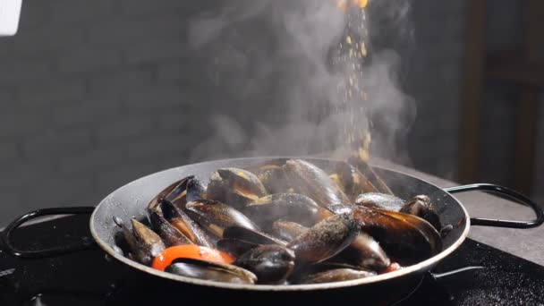 Mejillones cocidos al vapor en salsa de vino blanco seco con ajo y tomate. Cocinar moluscos mediterráneos en cáscara para pasta italiana. Chef añadiendo especias y hierbas. En cámara lenta. Full hd — Vídeos de Stock