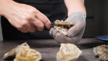 Lüks lüks deniz ürünleri restoranı. Yetenekli erkek aşçı, elinde koruyucu zincir zırh eldiveni ve özel kısa bıçakla taze istiridye açar. Ağır çekim. Tam Hd