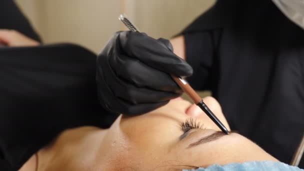 Διαδικασία μικροφώνου και μόνιμου μακιγιάζ. cosmetologist περιγράφει περίγραμμα των φρυδιών με μολύβι. Beautician σήμανση περιοχή για τατουάζ φρύδι. 4 k βίντεο — Αρχείο Βίντεο