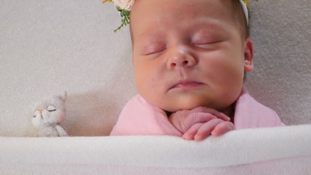 Chica recién nacida en traje, vestido elegante durmiendo en una cama pequeña bellamente decorado con flores. El bebé está en el estudio de fotografía. Fotografía entre bastidores de recién nacidos. 4 k vídeo — Vídeo de stock