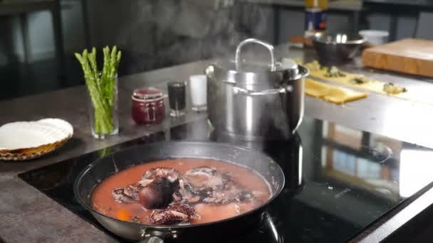 Polvo a ferver na frigideira da cozinha. Panela, forno elétrico e utensílio no fundo. Cozinhar prato de frutos do mar em casa no fogão moderno. Polvo fresco e legumes Cozinhar. 4 k vídeo — Vídeo de Stock