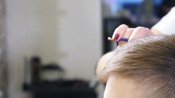 Salon de coiffure. Couper les cheveux des enfants dans le salon. Coiffure de petit garçon. Coiffure d'enfant. Coiffeur faisant coiffure élégante pour petit garçon. Coupe de cheveux professionnelle pour les enfants dans le salon de coiffure. 4 k — Video