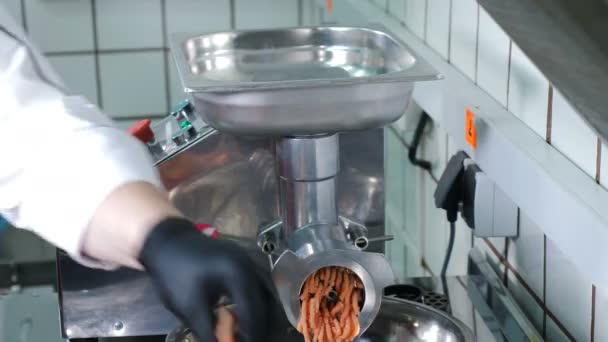 Chef colocando fatias de peixe na máquina de picar profissional na fabricação de alimentos modernos. Máquina de picador elétrico em ação. Enchimento de peixe saindo através da peneira moedor de carne crua. 4 k vídeo — Vídeo de Stock