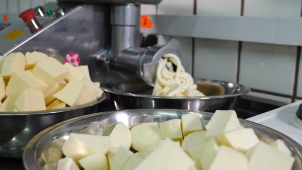 Шеф-повар кладет кусочки сыра в профессиональную мясорубку в современном производстве продуктов питания. Электрический мясорубка машина в действии. Сырная начинка выходит через решето сырой мясорубки. 4 k видео — стоковое видео