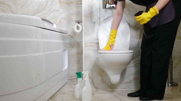 Perusahaan jasa pembersihan. toilet disinfeksi, membersihkan toilet, tangan menyeka toilet mangkuk, menutup. Membersihkan toilet siram putih di kamar mandi, bidet. Membersihkan di apartemen hotel. Ibu rumah tangga menyeka — Stok Video