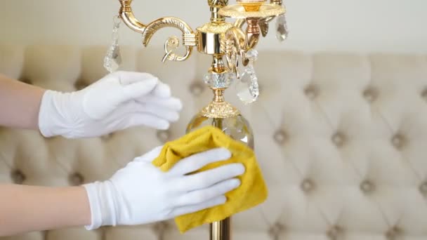 Household chores and housekeeping concept. Hotel routine. Woman housewife in rubber gloves wiping dust from vintage floor lamp with brush. Cleaning service concept. 4 k video — Stock Video