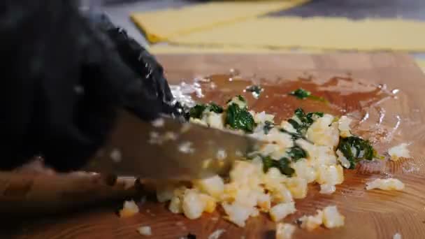 Cocinando imágenes de comida. Chef en guantes negros corta rápidamente camarones camarones y se mezcla con vegetación. Restaurante chef preparando plato de mariscos. Ingredientes saludables para cocinar. Haciendo comida. 4 k vídeo — Vídeos de Stock