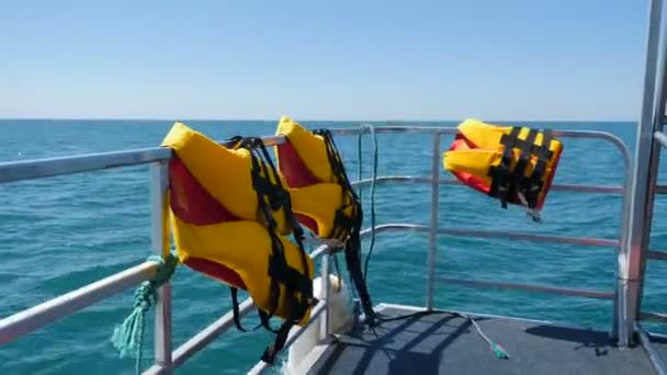Jasně oranžové záchranné vesty na lodi na otevřeném moři. POV z můstku nebo přídě lodi. Rychlá plachetnice plující po moři nebo oceánu. Pohybujte se vpřed na moři ve velkém bílém plachtění jachty. Jemné vlnky podél — Stock video