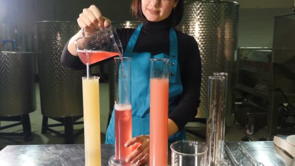 Виноробство. винороби лабораторні випробування вина у виноробній лабораторії. Вимірювання вмісту алкоголю в холодній стабільності молочної кислоти червоного винограду кольору цукрового діоксиду сірки pH. 4K відео — стокове відео