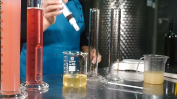 科学家将葡萄酒产品液体倒入试管,进行质量控制.酿酒厂实验室在酿酒厂实验室测试葡萄酒。测定酒精含量冷稳定性密度苹果酸红葡萄色 — 图库视频影像