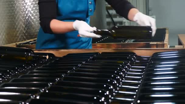 Wine production factory. Female worker in white gloves arranging wine bottles in container or wooden box. composing glass bottles of wine into shipping container in store. Preparation for shipment to — Stock Video