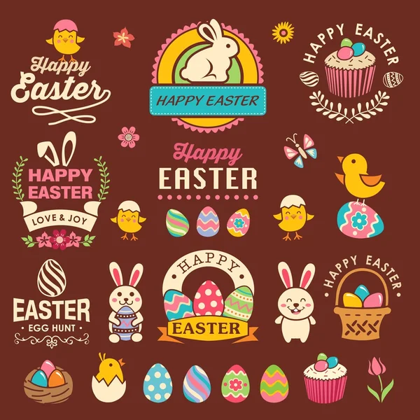 Happy easter design with labels, icons and decorative elements collection — Stock Vector