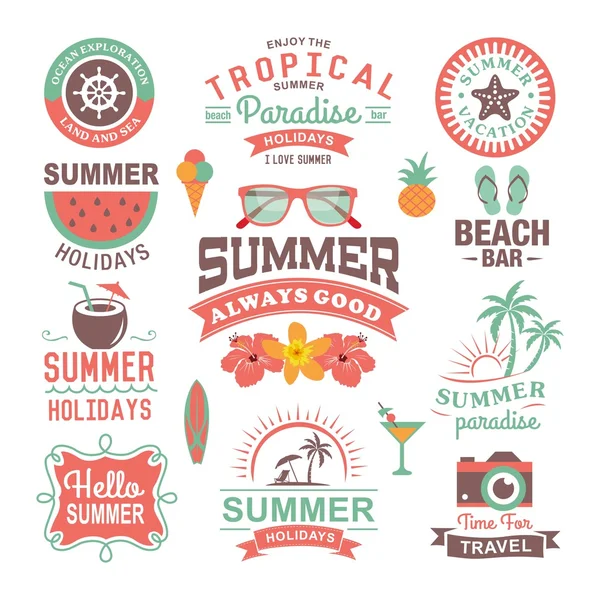 Vintage summer design and typography design with labels, posters, icons, logos, element set. — Stock Vector