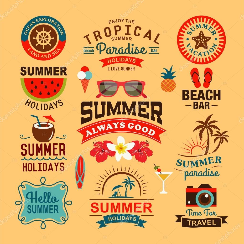 Vintage summer design and typography design with labels, posters, icons, logos, element set.