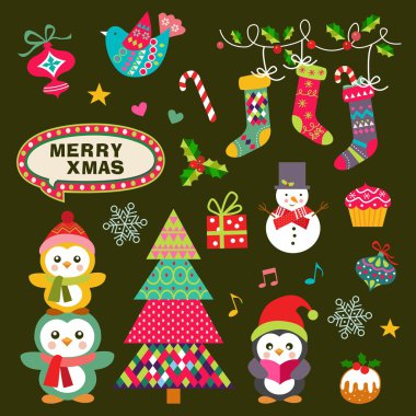 Vector set of Christmas symbols, icons, elements and decoration clipart