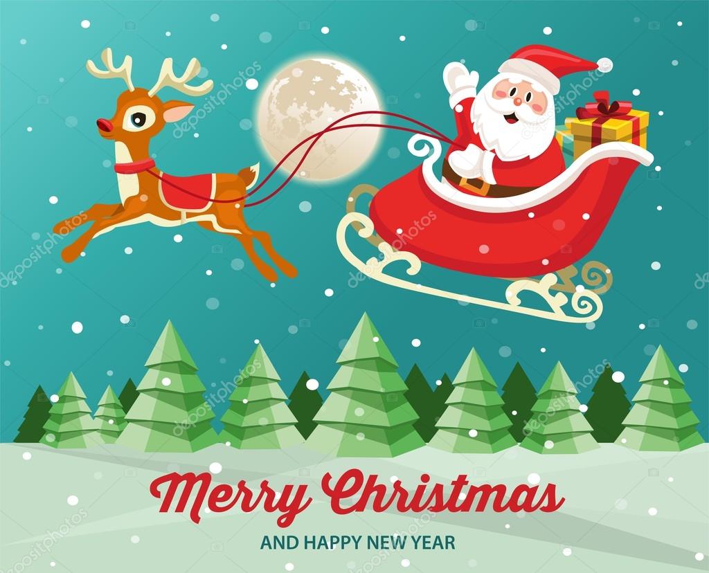 Santa Claus en trineo con renos en el paisaje nevado de la noche de
