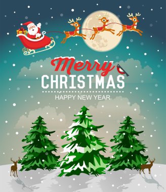 Karlı Noel manzara. Noel ağacı ve kızak Ren geyiği ile Noel Baba'ya