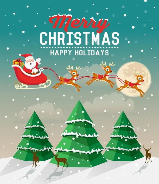 Noel ağacı ve Noel Baba ile karlı Noel sahne bir Ren geyiği kızakta rides